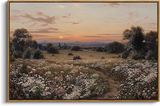 InSimSea Framed Canvas Prints Vintage Decor, Sunset Flower Field Landscape Paintings Wall Art, Large Countryside Farmhouse Hanging Wall Decor for Living Room Bedroom, 24x36inch