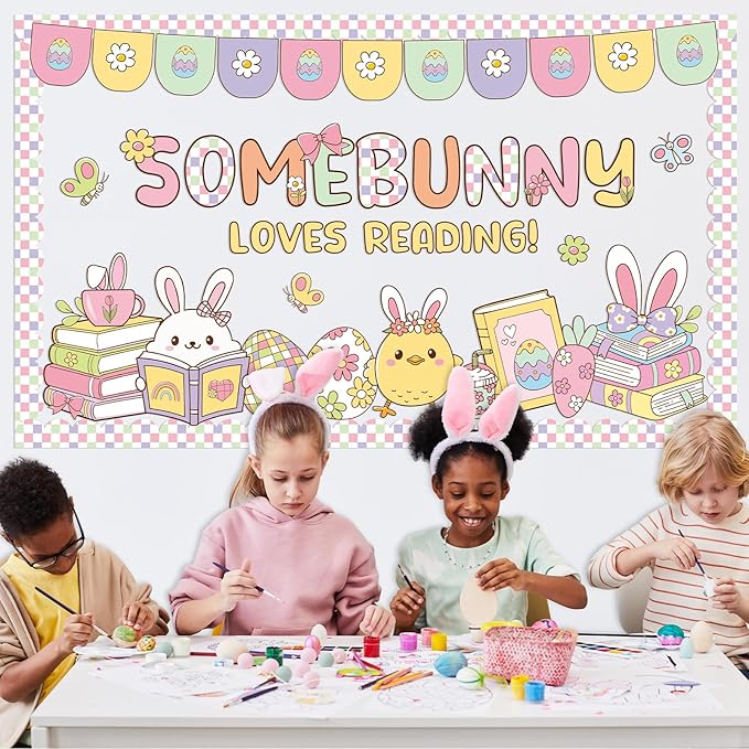 Easter Reading Bulletin Board Set Spring Classroom Decoration Easter Bunny Bulletin Board Egg Paper Cutouts for School Nursery Home Door Wall Party Chalkboard Wall Decor