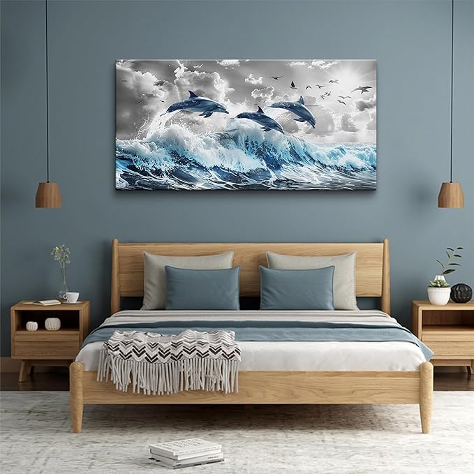 Wapluam Large Wall Decor For Living Room Framed Canvas Wall Art For Bedroom Blue Waves Of The Sea Wall Pictures Artwork Fashion Office Canvas Art Prints Dolphins Seascape Paintings Home Decoration