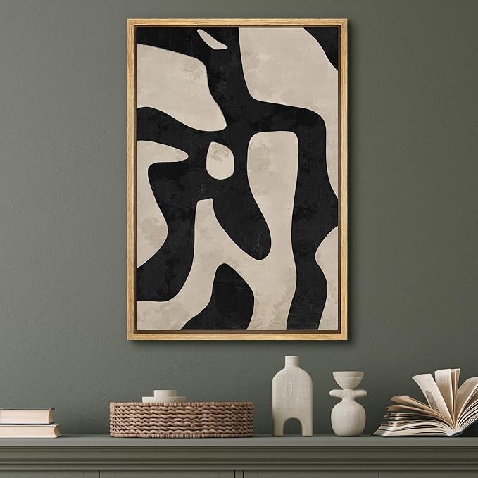 SIGNFORD Framed Canvas Print Wall Art Abstract Fluidity Black and Beige Illustrations Modern Art Decorative Boho Relax/Zen Nordic for Living Room, Bedroom, Office - 16"x24" Natural