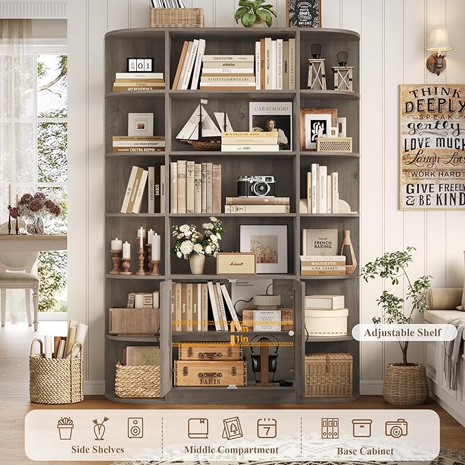 HOSTACK 75" Tall Book Shelf and Bookcase, 6 Tier Bookshelf with Storage, 47" Wide Bookcase with Door, Freestanding Wood Display Shelves with Book Storage Cabinet for Home Office, Living Room, Ash Grey