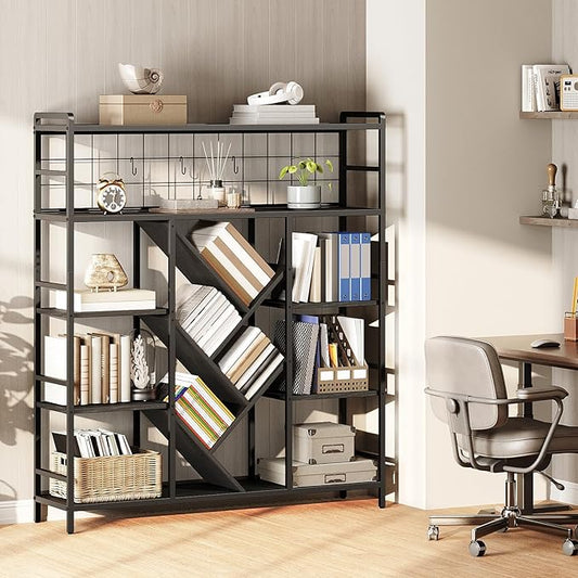 Triple 5-Tier Bookshelf, Industrial Large Wide Bookcase with 14 Open Display Shelves, Modern Tree Bookcase Metal Frame Bookshelf with Hanging Function for Living Room Home Office, Black