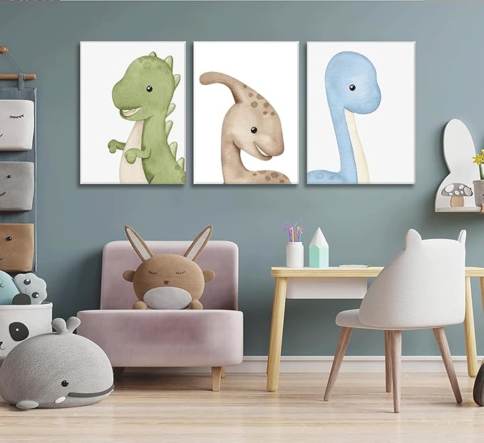 Dinosaur Wall Art Nursery Wall Decor Watercolor Dinosaur Posters Kids Room Canvas Funny Animals Prints neutral dino Pictures Boy Girl Nursery Bedroom Painting Ready to Hang Decorations Framed (Beige, 12x16in canvas)