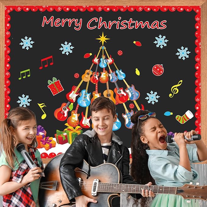 gisgfim Christmas Bulletin Board Decoration Set Guitar Christmas Tree Paper Cutouts Merry Xmas Music Classroom Bulletin Board Decor for Xmas Winter Holiday School Door Home Wall(Guitar)