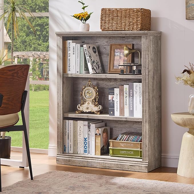 43" Grey Tall Bookshelf Set of 3,3-Tier Thick Wooden Book Shelf with Adjustable Shelves,Free Standing Farmhouse Bookcase with Open Display Storage,Floor Vintage Bookshelves for Living Room