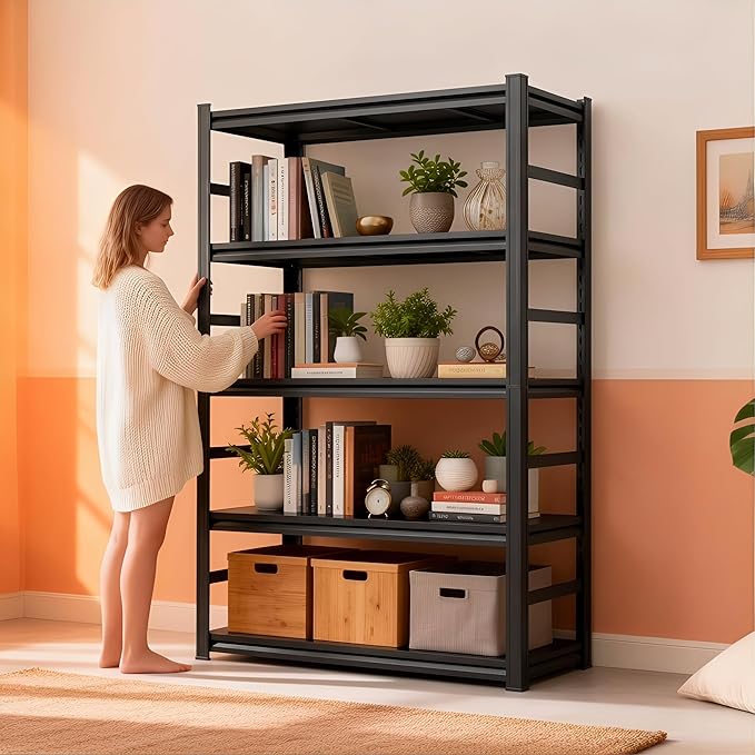 Modern Bookshelf, Book Shelf, 1500LBS Display Bookcase with Steel Frame & Metal Shelves, Adjustable Bolt-Free Storage Shelves for Living Room, Bedroom, Garage, Kitchen (35.4" W x15.7 D x71 H)