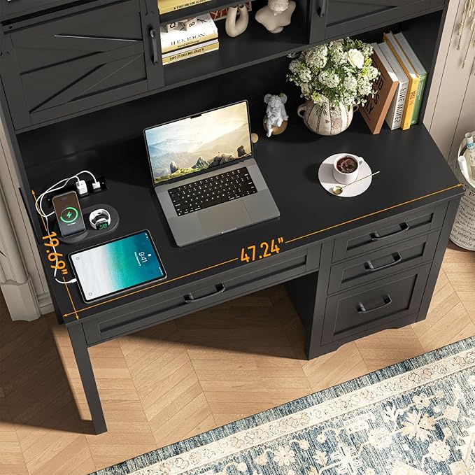 Vabches Farmhouse 67" H Executive Desk with Hutch,Office Table with LED Light and 6 Drawers,Computer Desk with Charging Station,File Drawers and Storage Cabinet,Workstation for Home Office.Black