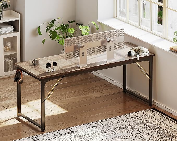 Casaottima 63 Inch Computer Desk for Home Office, Study Writing Table for Small Spaces, Simple Modern Desk with Headphone Hooks, Grey Oak