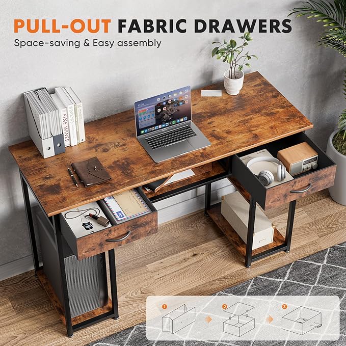 Sweetcrispy Computer Gaming Desk with Drawers & Storage Shelves - 48 Inch Bedroom Writing Study Home Office PC Table, Adjustable Feet, Rustic Brown
