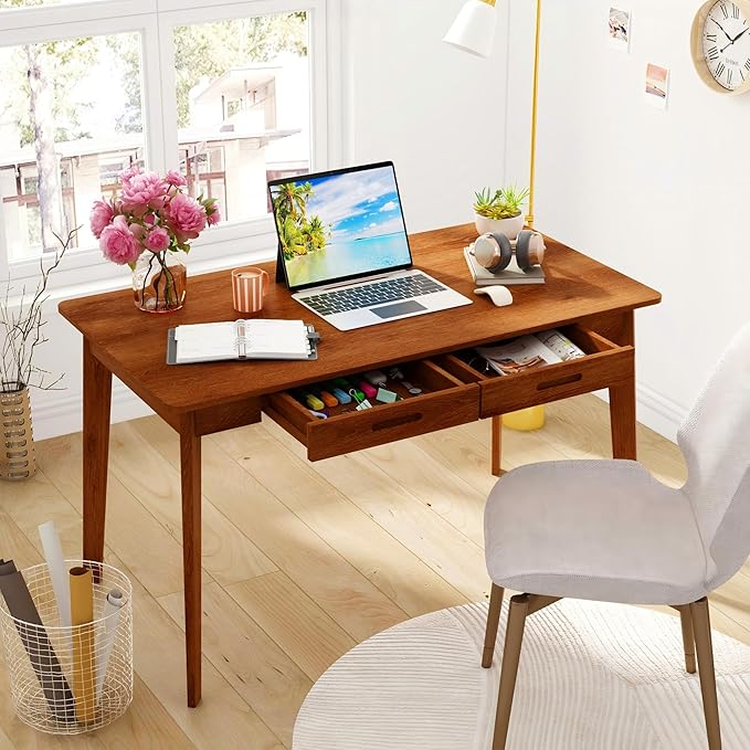 Home Office Computer Desk Coner Desk with 2 Drawers, Study Writing Table for Home Office, Study, Honey Wood (47.2 ”W x 23.6”D x 29.5”H)