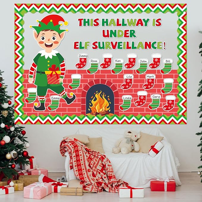 Christmas Bulletin Board Set Xmas Elf Hearth Classroom Bulletin Board Decorations Elf Fireplace Christmas Cutouts Classroom Decorations for Back to School Office Home Chalkboard Decor Wall Door