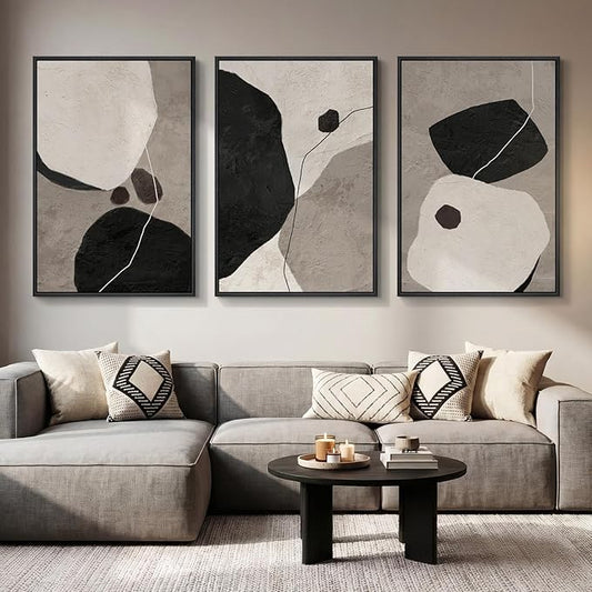 Large Framed Black and White Abstract Wall Art for Living Room, 3 Piece Modern Canvas Prints Paintings Artwork for Walls, Neutral Minimalist Pictures Wall Decor for Bedroom Dining Room Office 24x36 In
