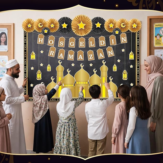 Ramadan Bulletin Board Decorations Set Hosgeldin Ramadan Classroom Decor with 3D Paper Fans Black Gold Mosque Eid Moon Star Lantern Cutouts for Wall Door Muslim Holiday Mubarak Eid Display