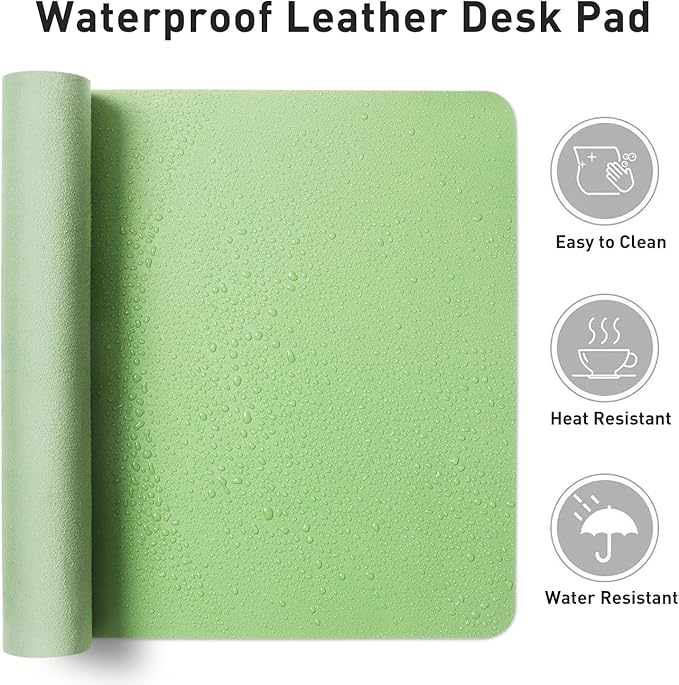 Aothia Faux Leather Desk Mat - Non-Slip PU Leather Desk Blotter, Waterproof Writing Surface, Large Desk Pad for Office & Home (Foam Green, 55" x 17")