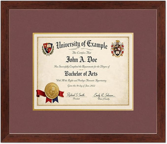 CountryArtHouse Diploma Frame Fits 11 x 8.5 US Letter Certificate - Keepsake Graduation Display Rustic Walnut Genuine Hardwood with Dark Red Over Metallic Gold Double mat