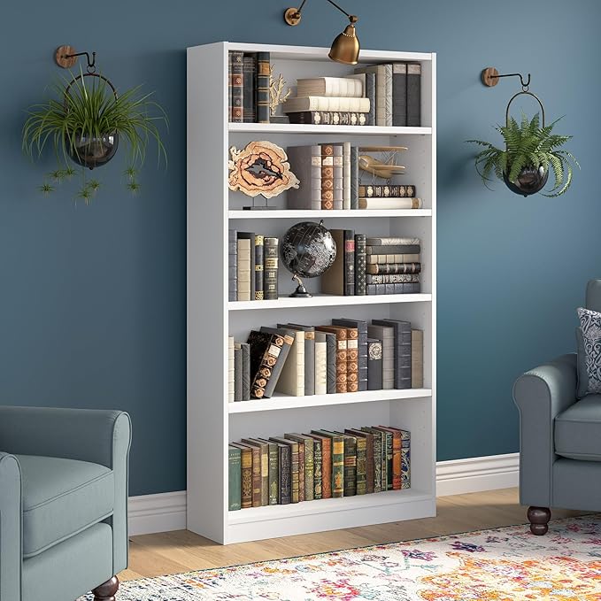 Bush Home Universal Tall 5 Shelf Bookcase in White, Vertical Storage and Display Bookshelf for Home Office or Living Room Organization