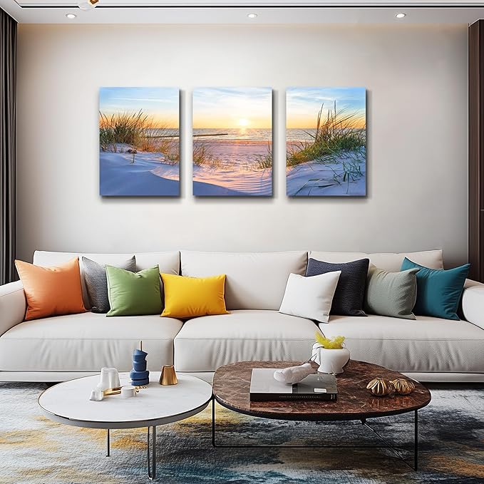 MHARTK66 Wall Decor For Living Room Canvas Wall Art For Bedroom Modern Office Pictures Wall Artwork Blue Sun Beach Grass Ocean Landscape Paintings Canvas Art Prints Home Decorations 3 piece