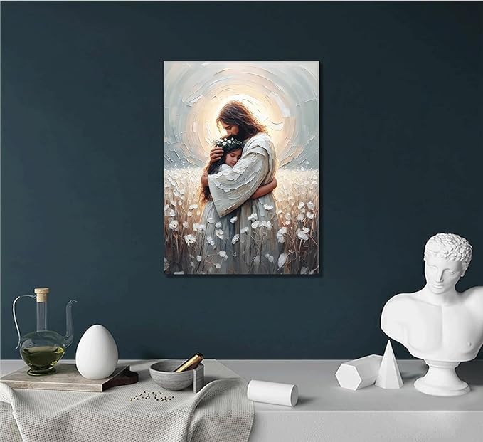 Christian Canvas Wall Art -His Love- Jesus Hugging Girl Painting Safe Haven Posters Bible Prints Jesus Picture Jesus with Children Wall Decor framed