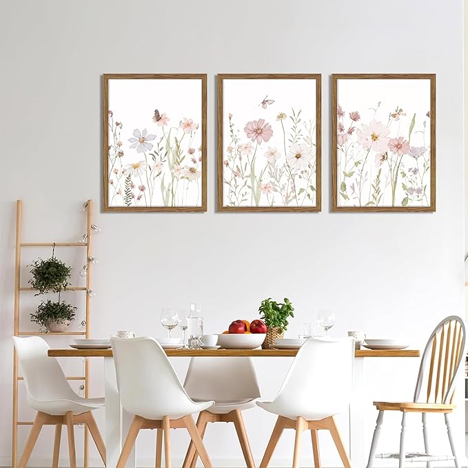 Framed Wildflower Wall Art Set of 3, Pink Floral Canvas Wall Decor Pictures, Vintage Flower Botanical Paintings, Nursery Flowers Butterfly Posters Prints for Bedroom Living Room 16x24 Inch
