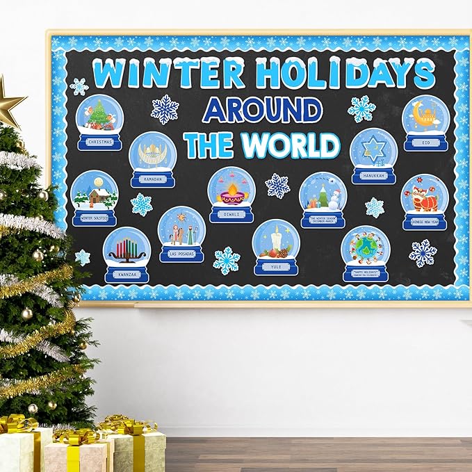 JarThenaAMCS Winter Bulletin Board Set Classroom Decorations Holiday Around The World Educational Paper Cutouts for Seasonal School Chalkboard Wall Decor