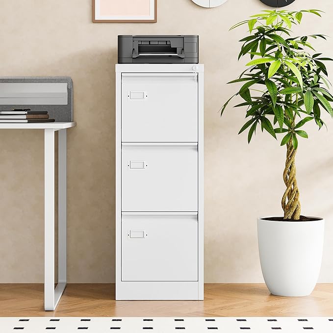 STANI Metal Vertical File Cabinet with Lock，Narrow Filing Cabinets Hanging Files Letter/Legal/A4 Size, Metal Storage Cabinet for Home Office, Assembly Required (White, 3-Drawer)