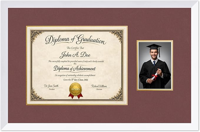 Diploma Frame With Photo Opening Bright White Dark Red Over Gold Mat - Fits 14 x 11 Degree and Picture Made in the USA
