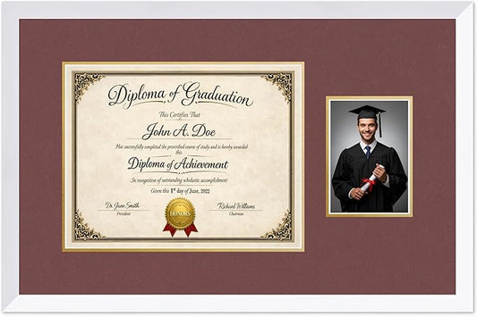 Diploma Frame With Photo Opening Bright White Dark Red Over Gold Mat - Fits 14 x 11 Degree and Picture Made in the USA