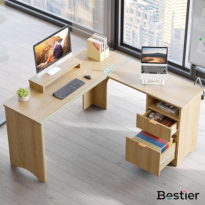 Bestier L Shaped Desk with File Drawer, 55.7" x 55" Office Computer Desk with Round Corners, Modern Desk with Monitor Stand & Fluted Panels for Home Office, Natural Oak