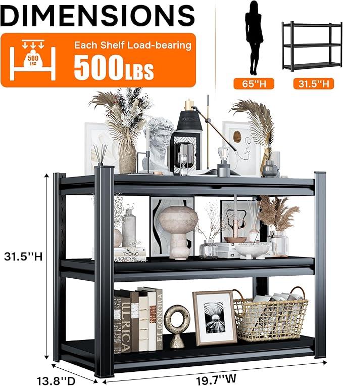Bookshelf, 3 Tier Bookshelves, Home Office Bookcase Shelf Storage Organizer, Free Standing Storage Shelving Unit for Bedroom, Living Room and Home Office, Vintage,19.7Wx13.8Dx31.5H