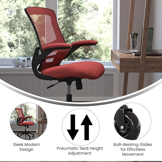 Flash Furniture Kelista Mid-Back Red Mesh Swivel Ergonomic Task Office Chair with Flip-Up Arms and Transparent Roller Wheels