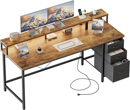 Mericonia Computer Desk 63 inch with Power Outlets & LED Lights, Gaming Desk with 3 Drawers for Home Office, Small Desk with Monitor Stand for Small Spaces, Study Writing Desk