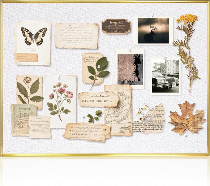 Linen Bulletin Board 24 x18 Inches, White Cork Board for Wall, Gold Aluminum Framed Fabric Pin Board Tack Board, 10 Push Pins, White Linen