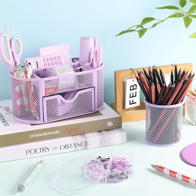 VAIPI 17 Pcs Purple Office Supplies Set Desk Organizers and Accessories with Mouse Pad, Calculator, Stapler, Staples, Scissors, Pens, Sticky Notes, Page Markers for Office School Home