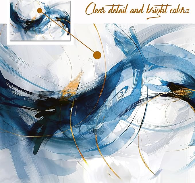 gaosoul Modern Abstract Canvas Wall Art Vibrant Blue Gold Lines Doodled on White Background Paintings Stylish Framed Minimalism Artwork Prints for Living Room Bedroom Office Decor 24x16in