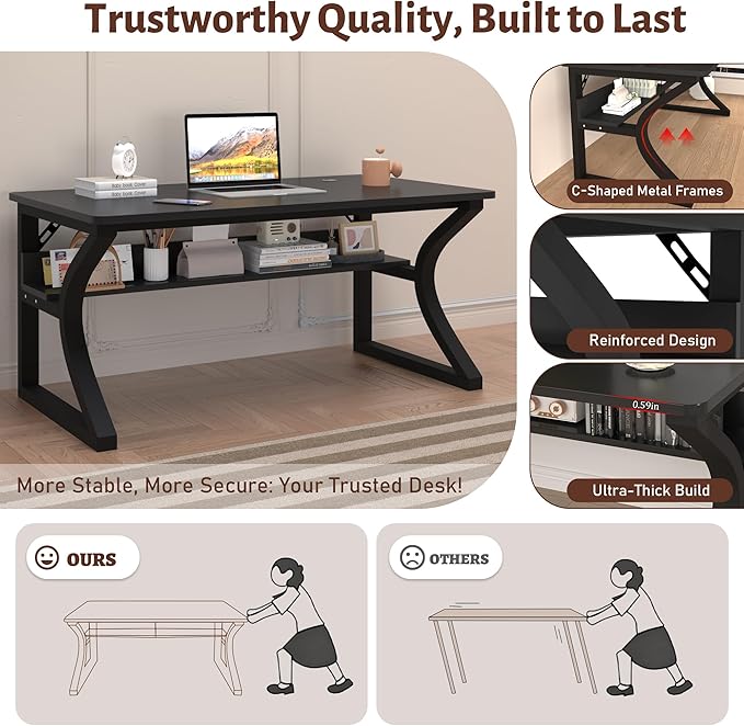 Computer Desk 47 x 23.6 Inch Home Office Desk, Large Modern Computer Desks with Storage Shelf, Metal Frame Work Study Writing Office Desk with Cable Hole, Wide Desk for PC & Monitors (Black, 47)