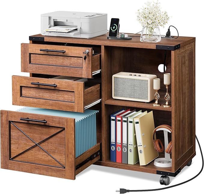 DEVAISE Wood File Cabinet with Charging Station, Mobile Lateral Filing Cabinet with Lock for Home Office, Printer Stand with Open Storage Shelves, Oak