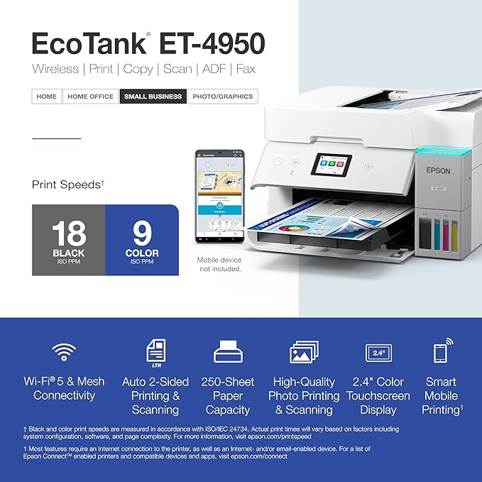 Epson EcoTank ET-4950 Wireless All-in-One Color Supertank Printer with up to 3 Years of Ink Refillable Tanks, Perfect for Office, 18 PPM, 2.4" Colorful Touchscreen, Auto Document Feeder - White