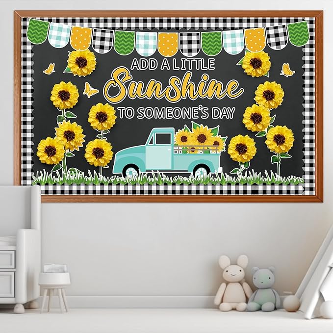 Spring Sunflower Truck Bulletin Board Decorations with 3D Tissue Paper Pompoms Sunflower Themed Plaid Borders Yellow Summer Sunflower Cutouts Back to School Teacher Supplies School Office Wall Decor