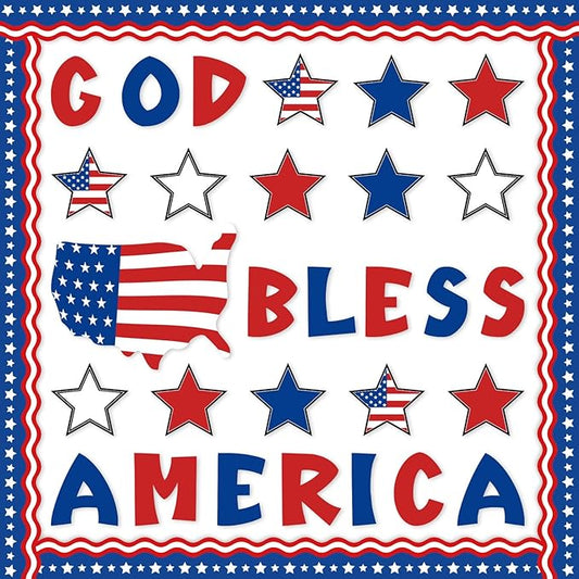 Whaline 60Pcs 4th of July Bulletin Board Decorations God Bless America Patriotic Star USA Map Cut-Outs Red White Blue Classroom Trim Border with Glue Point for Independence Day School Decor