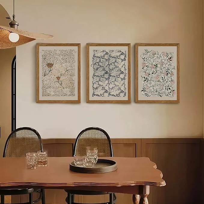 Krtoni 3PCS Framed Vintage William Morris Wall Art, Neutral Abstract Floral Canvas Artwork Prints, Rustic Boho Farmhouse Flower Botanical Picture Paintings for Living Room Bedroom Office 16W x 24H