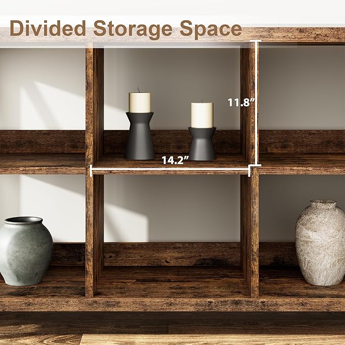 CABIHOME 62 Inch 8-Cube Storage Organizer Bookshelf, 3-Tier Metal Horizontal Bookcase, Industrial Console Bookshelf for Living Room, Entryway, or Office, Long Low Storage Shelf-Retro Brown.