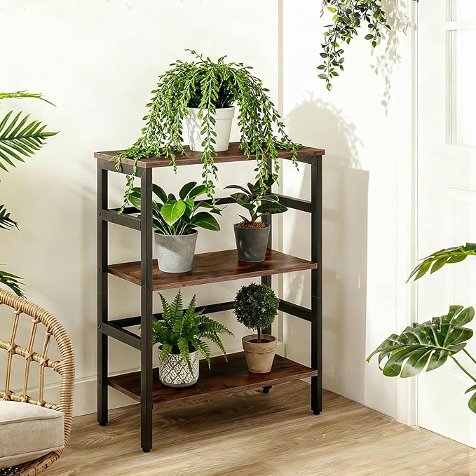 HOOBRO 3 Tier Bookshelf, 23.6" L Industrial Bookcase, Record Storage Rack with Side Fence, Storage Shelf with Metal Frame, Rustic Open Display Shelf for Living Room, Bedroom, Rustic Brown BF86CJ01G1