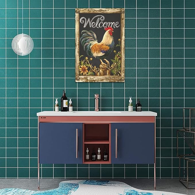 yerretin Farmhouse Rooster Wall Art Rustic Farm Chicken Pictures Wall Decor Country Canvas Painting Modern Artwork Home for Kitchen Bathroom Living Room Bedroom Office Framed 16"x24"
