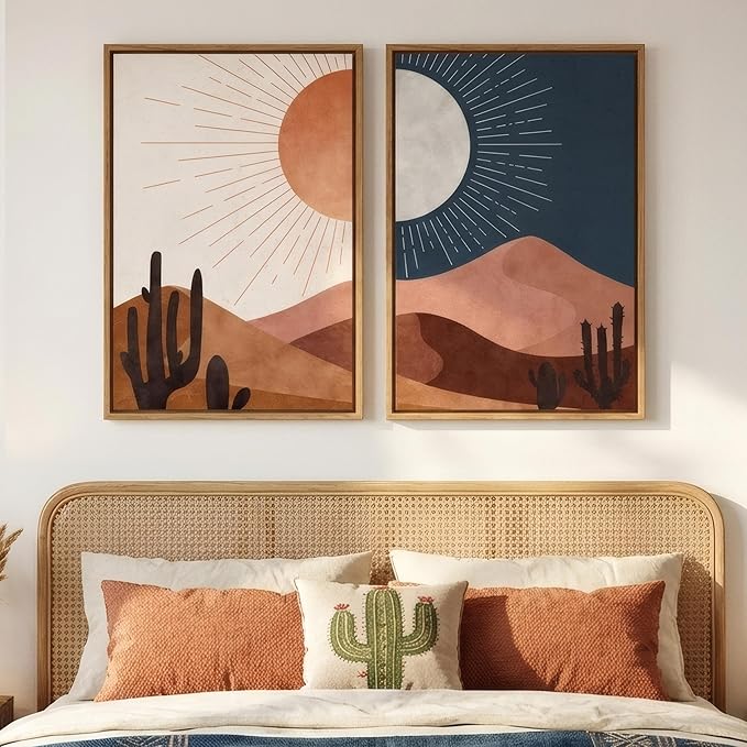 Framed Boho Desert Landscape Wall Art Set of 2 for Living Room, Abstract Mid Century Modern Sun and Moon Canvas Artwork for Walls, Bohemian Painting Print Wall Decor for Bedroom Home Office, 16x24 In