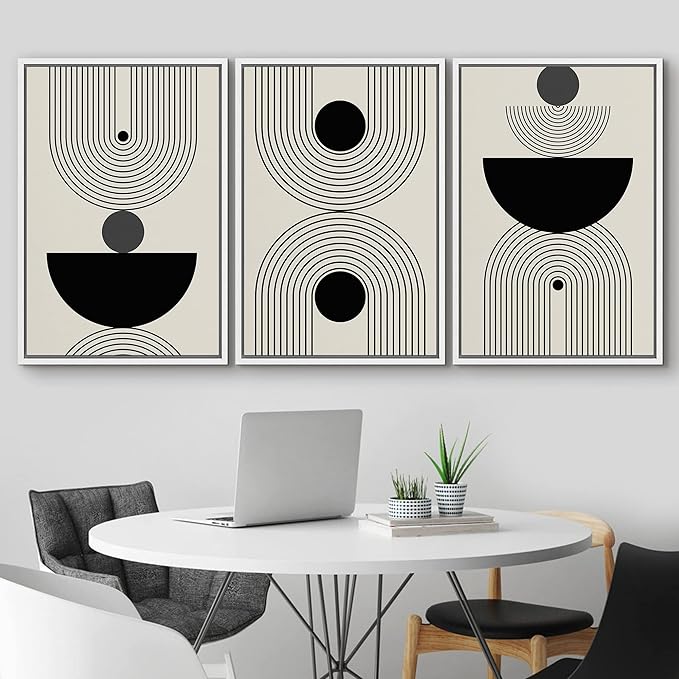 IDEA4WALL Framed Canvas Print Wall Art Set Geometric Dark Circle Striped Polygon Collage Abstract Shapes Illustrations Modern Art Decorative Nordic for Living Room, Bedroom, Office - 24"x36"x3 White