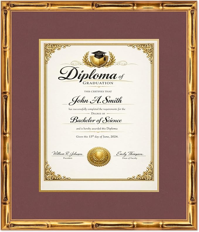 CountryArtHouse Diploma Frame Fits 11 x 14 College Diploma (Portrait) - Keepsake Graduation Display Gold Bamboo Genuine Hardwood with Dark Red Over Metallic Gold Double mat
