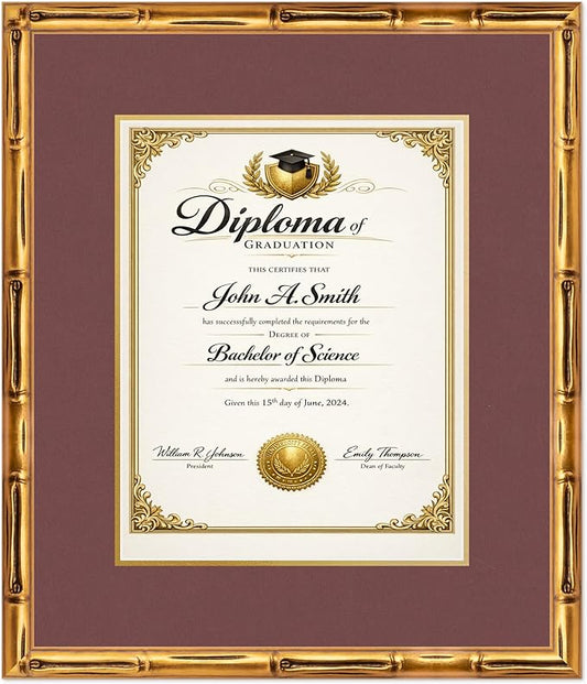 CountryArtHouse Diploma Frame Fits 11 x 14 College Diploma (Portrait) - Keepsake Graduation Display Gold Bamboo Genuine Hardwood with Dark Red Over Metallic Gold Double mat