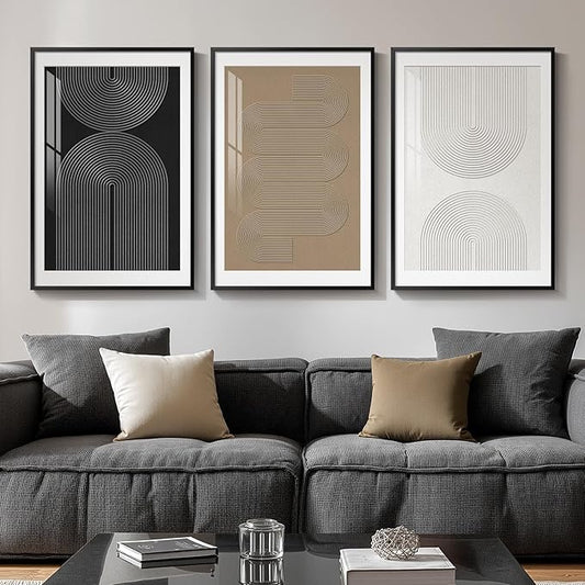 Framed Boho Neutral Abstract Wall Art, Set of 3 Modern Art Prints Paintings Artwork for Walls, Minimalist Black White Brown Geometric Pictures for Living Room, Dining Room, Bedroom Wall Decor 16x24 In
