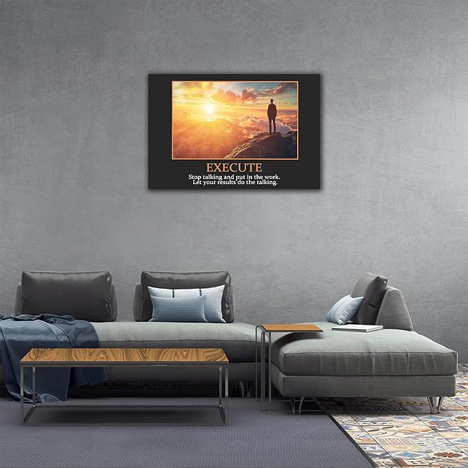 UZMKM - Inspirational Canvas Wall Art, EXECUTE Mindset Quotes Picture Prints, Success Framed Company Watching Sunrise Poster, Positive Quotes Wall Painting for Home Office Workplace 32x48 Inch