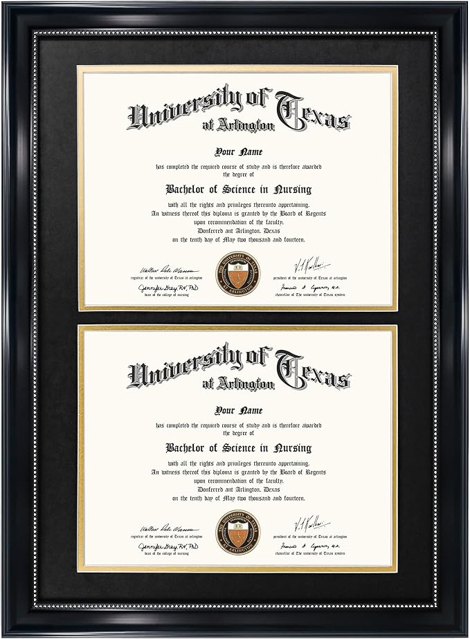 GraduationMall 14x20 Double Diploma Frame, Display 8.5x11 Certificate with Black over Gold Mat,Tempered Glass,Black with Silver Beads